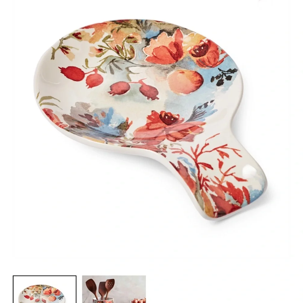 NWT Sur La Table Harvest Floral utensil crock and spoon rest 2 piece set